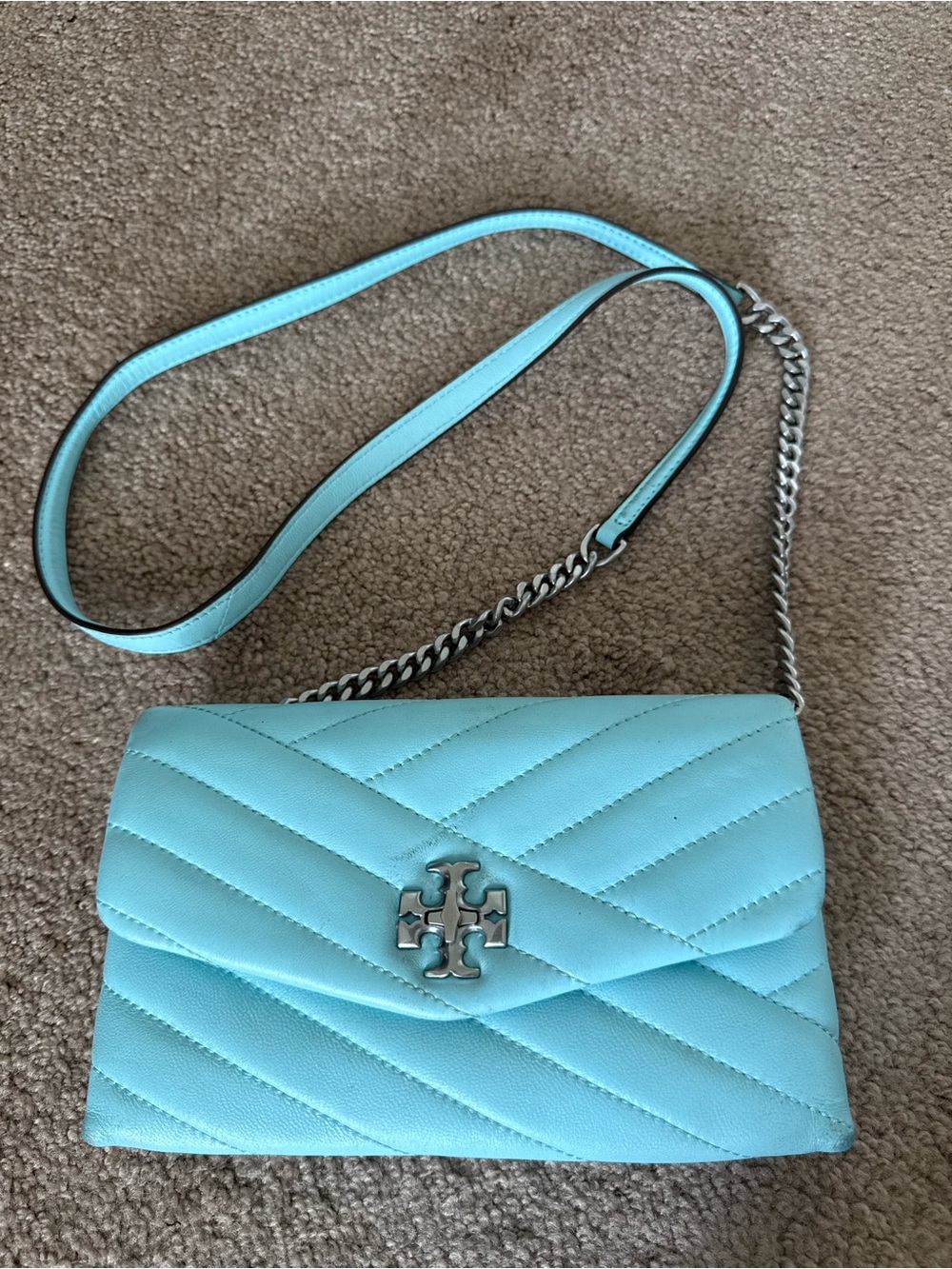 Tory Burch Kira Chevron Aqua Blue Leather Wallet Chain Small Crossbody Bag